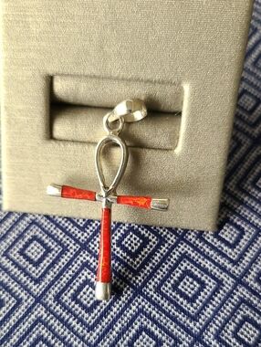 Red Inlay Ankh Cross Pendant - Sterling Silver